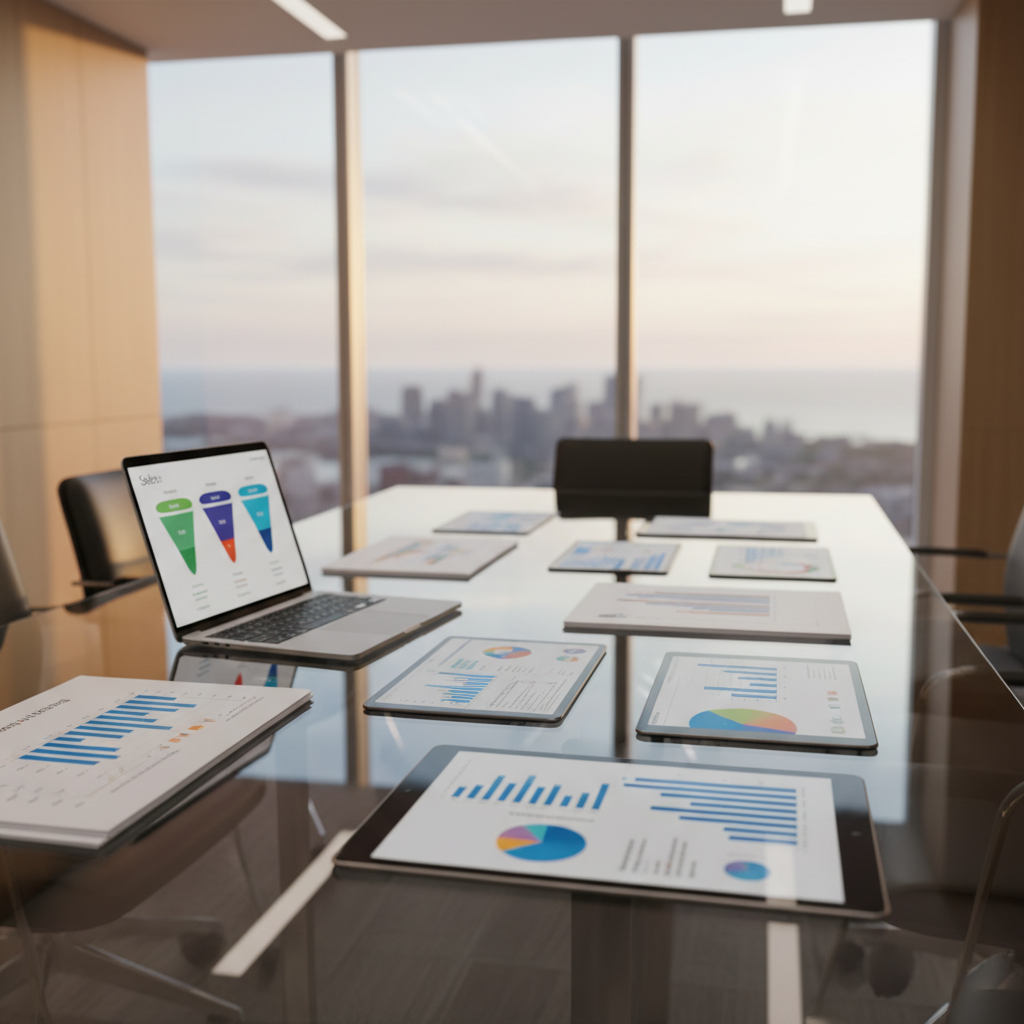 A sleek glass conference table covered with neatly arranged marketing strategy documents, glossy tablets displaying colorful analytics dashboards, and a single open laptop showing a sales funnel diagram. The table is positioned in a modern Long Island high-rise office with large windows revealing a subtle coastline skyline in soft blur. Late afternoon natural light pours in, creating crisp reflections on the glass surface and gentle shadows around the devices. Shot at eye level with a shallow depth of field that keeps the tabletop sharp and the cityscape softly out of focus. The atmosphere feels professional, focused, and collaborative, with photographic realism and a clean, modern aesthetic that reflects streamlined, face-to-face marketing planning.
