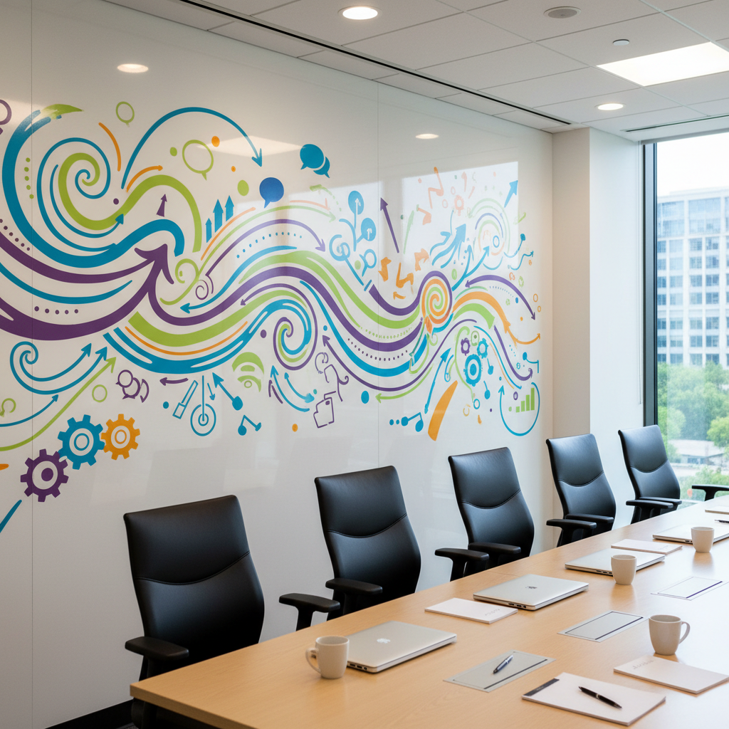 A polished whiteboard wall spanning an entire office room, covered not with text but with colorful, abstract shapes, arrows, and icons symbolizing customer journeys, growth, and communication. In front of it stands a row of high-backed ergonomic chairs pulled close to a long wooden table, scattered with blank notepads, closed laptops, and sleek pens. Overhead, recessed ceiling lights cast even, soft illumination, while a side window lets in cool natural daylight from a Long Island business district. Captured from a slightly elevated angle, the composition leads the eye along the board’s visual flow. The mood is energetic yet organized, embodying strategic marketing problem-solving in a photographic, corporate setting.
